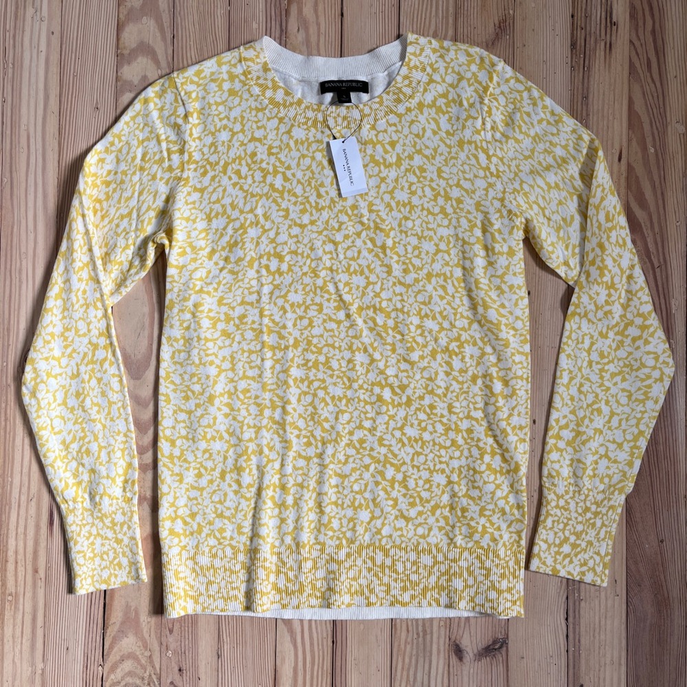 Banana Republic Yellow White Floral Print Crew Neck Cotton Sweater Size S‎